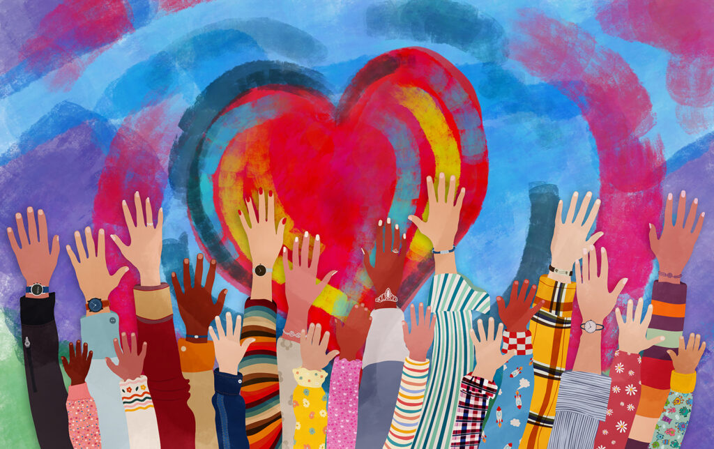 Group of diverse people with arms and hands raised towards a hand painted heart. Charity donation and volunteer work. Support and assistance. Multicultural and multiethnic community. People diversity