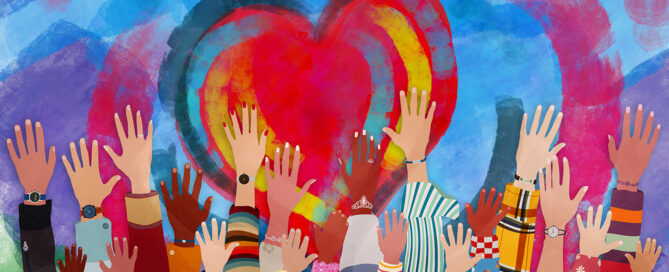 Group of diverse people with arms and hands raised towards a hand painted heart. Charity donation and volunteer work. Support and assistance. Multicultural and multiethnic community. People diversity