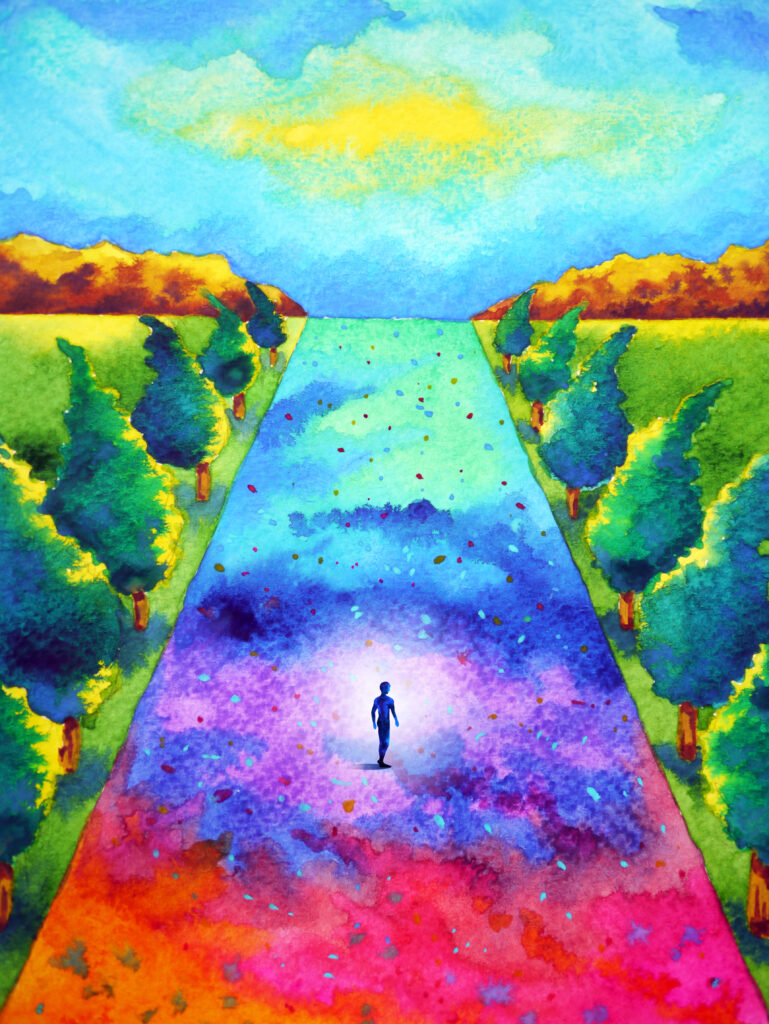 mind spiritual abstract human walking meditation chakra journey path art watercolor painting illustration design drawing
