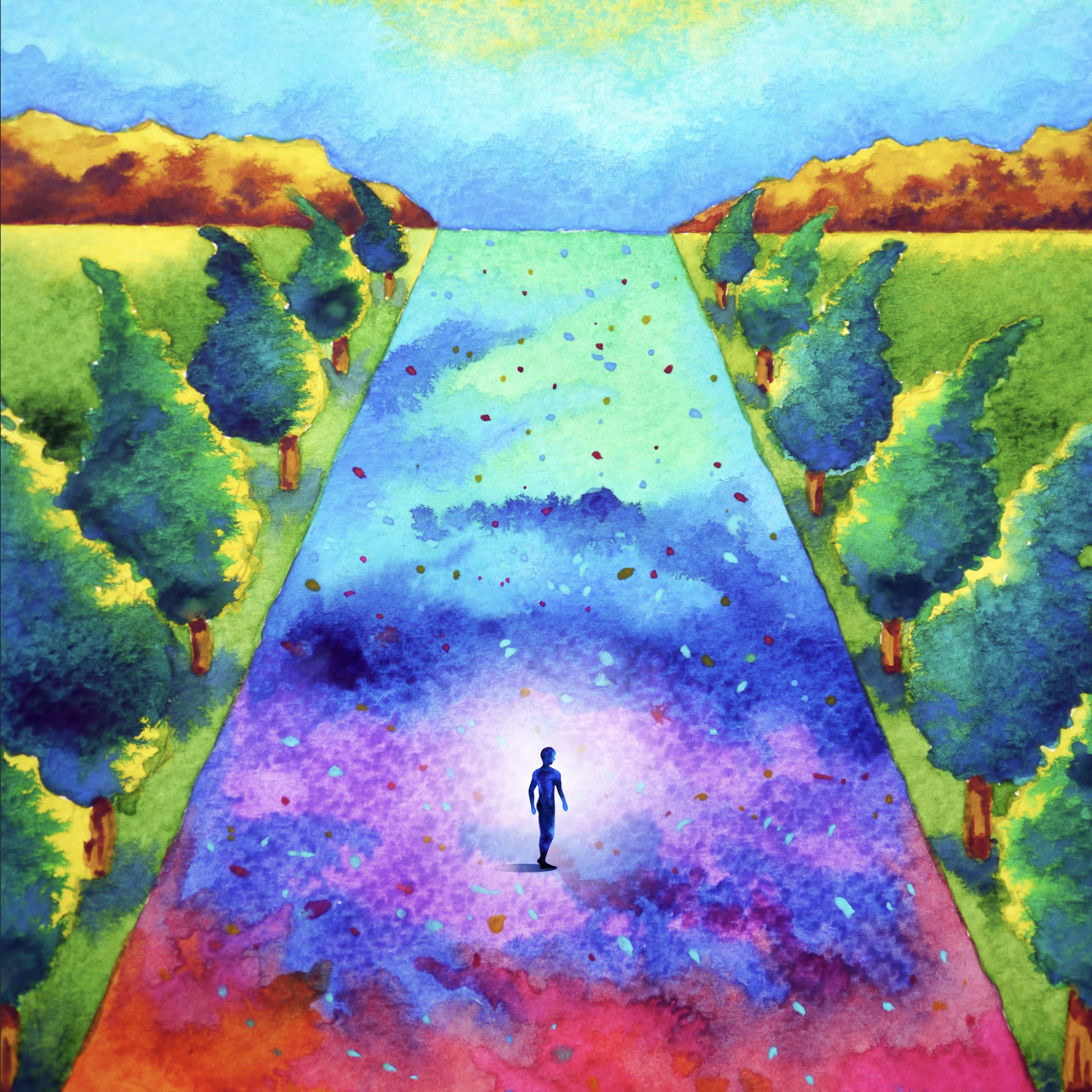 mind spiritual abstract human walking meditation chakra journey path art watercolor painting illustration design drawing