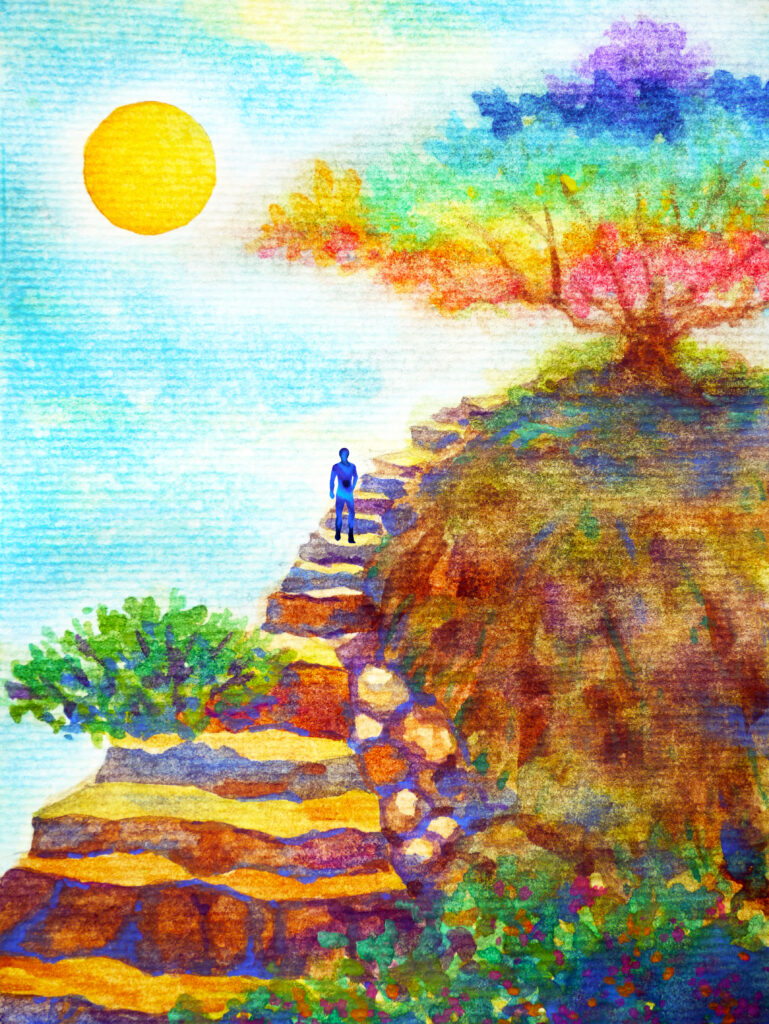 human powerful energy walking on rock stair under colorful tree and blue sky watercolor painting illustration design hand drawn